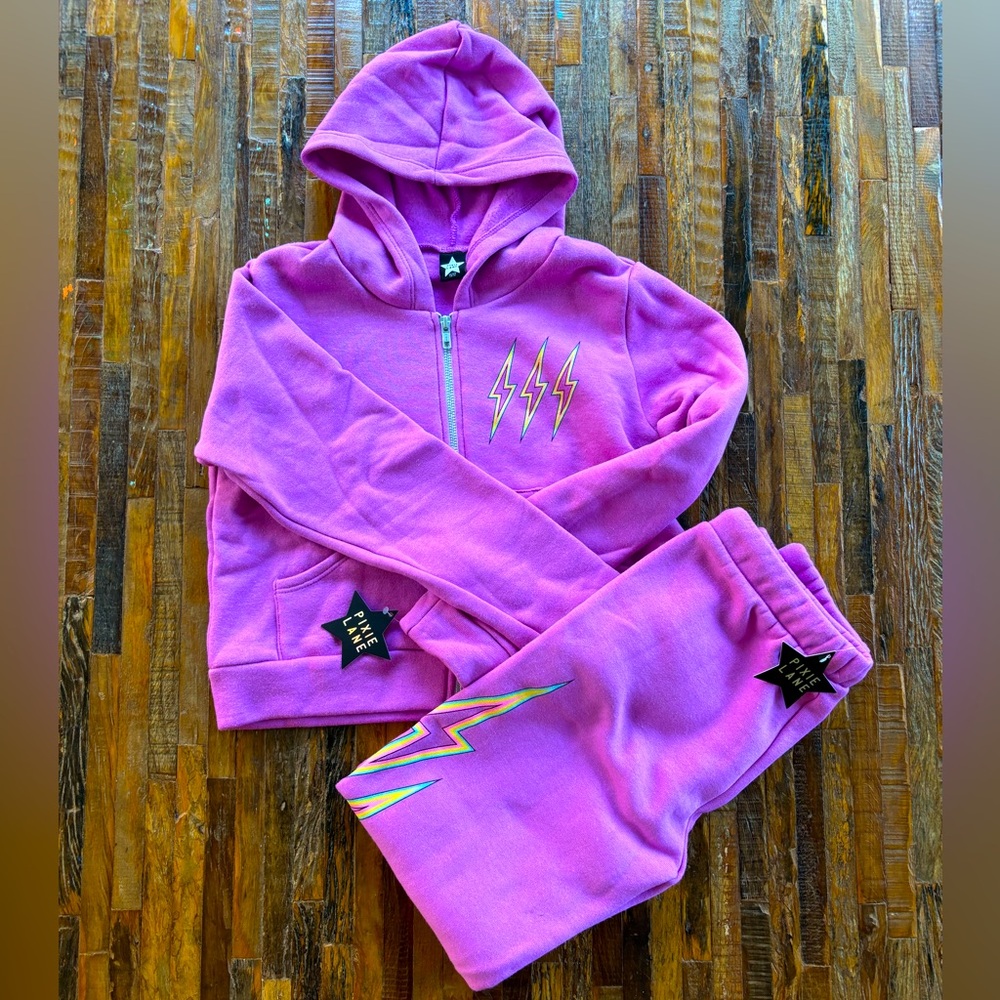 Pixie Lane Hot pink hoodie and sweatpants set with neon bolts, size 11/12, NWT